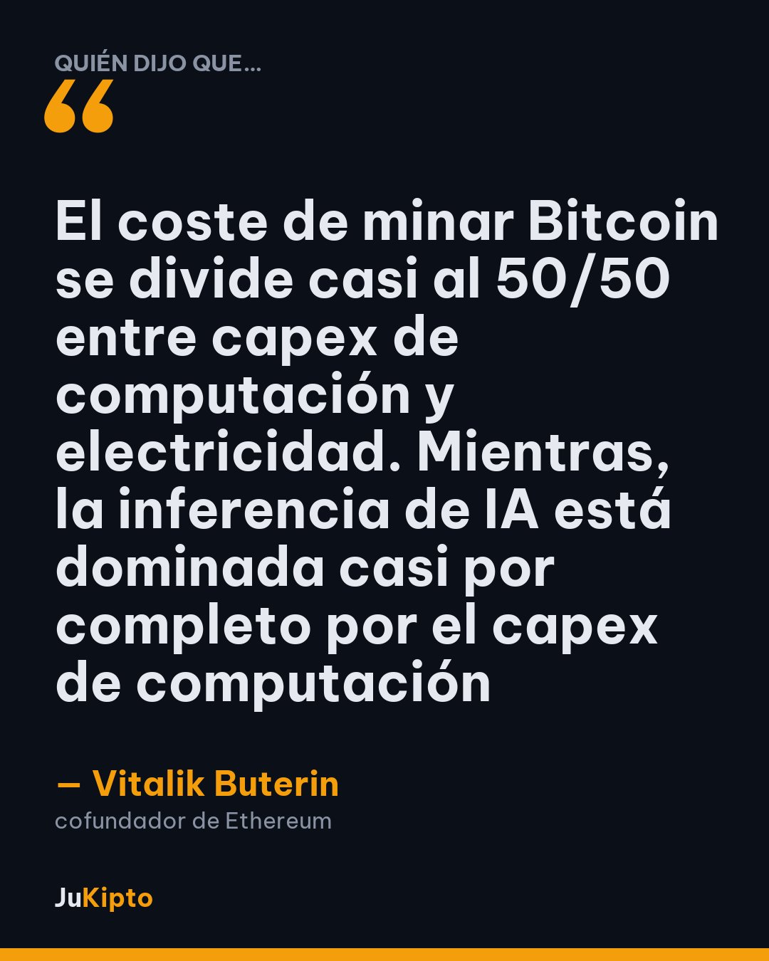 «El coste de minar Bitcoin se divide casi al 50/50 entre capex de computación y electricidad. Mientras, la inferencia de IA está dominada casi por completo por el capex de computación» — Vitalik Buterin