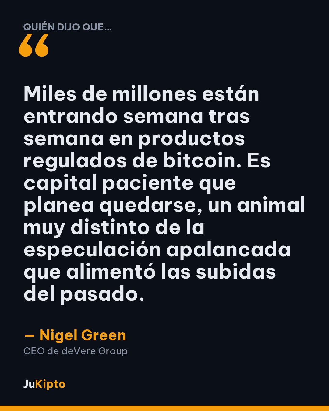 «Miles de millones están entrando semana tras semana en productos regulados de bitcoin. Es capital paciente que planea quedarse, un animal muy distinto de la especulación apalancada que alimentó las subidas del pasado.» — Nigel Green