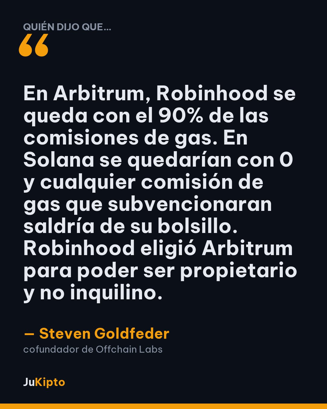 «En Arbitrum, Robinhood se queda con el 90% de las comisiones de gas. En Solana se quedarían con 0 y cualquier comisión de gas que subvencionaran saldría de su bolsillo. Robinhood eligió Arbitrum para poder ser propietario y no inquilino.» — Steven Goldfeder