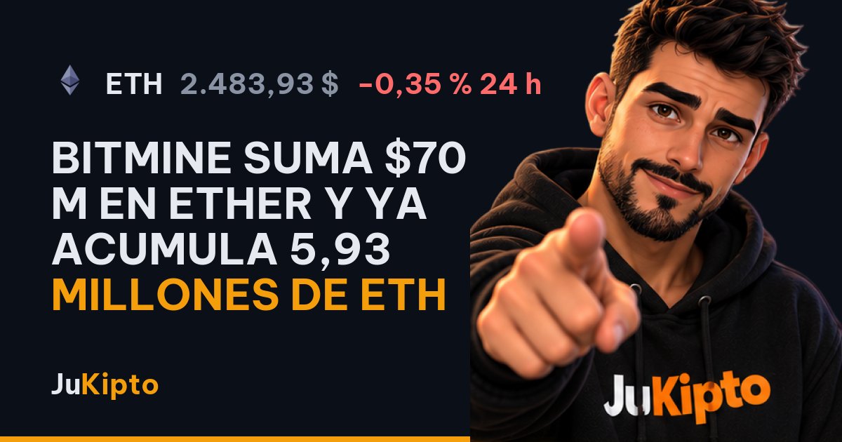 Bitmine suma $70 M en ether y ya acumula 5,93 millones de ETH